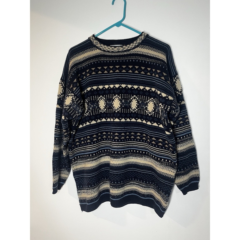 vintage Maggie Lawrence‎ knit sweater in blue, black, beige tones M